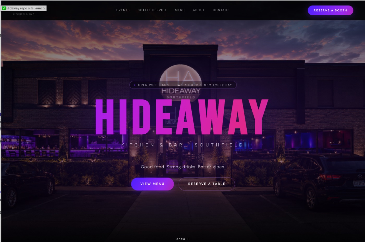 Hideaway Kitchen & Bar website — designed and built by New Urban Influence